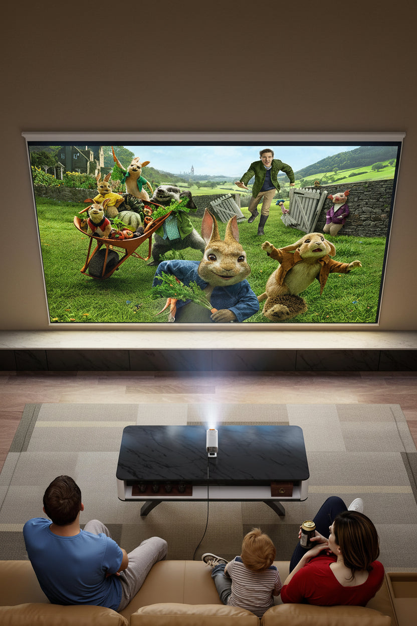 Portable LCD projector arranged for indoor movie and video viewing