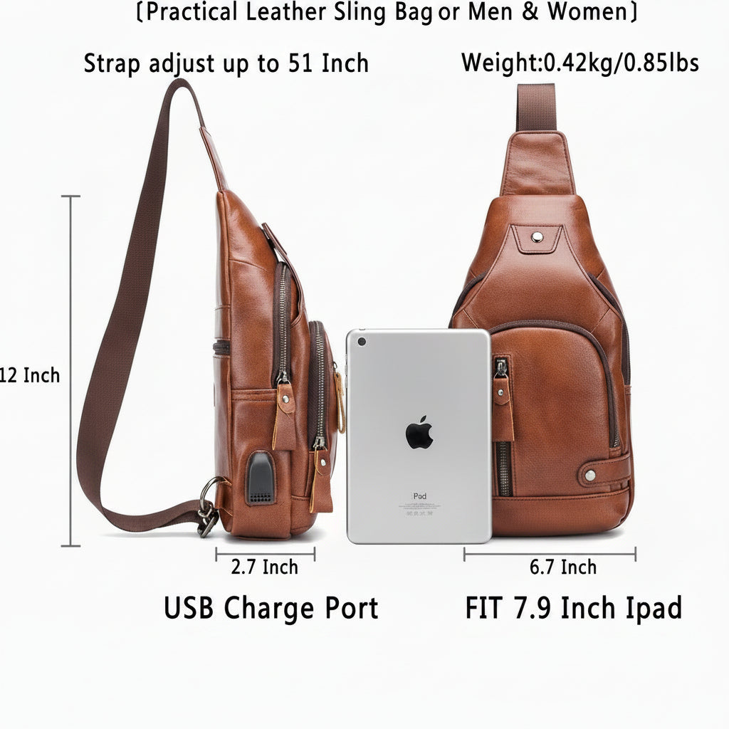 Leather crossbody bag for travel, commuting, and hiking
