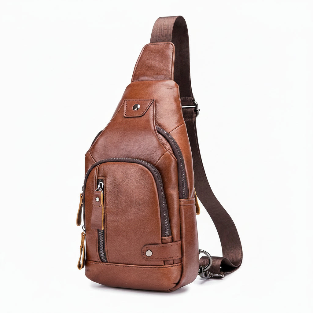 Leather sling bag for men with built-in USB charging port