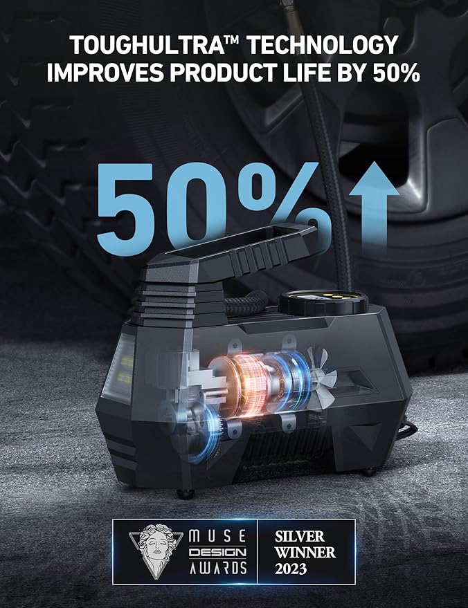 Tyre inflator with LED light used at night roadside