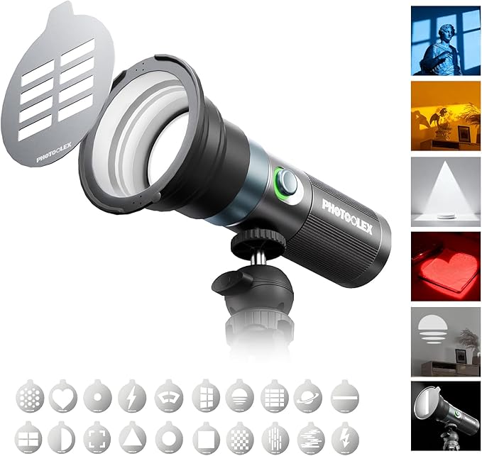 Portable LED spotlight with gobo patterns for photography