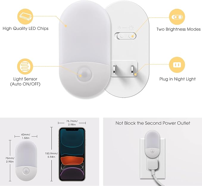 Close up of LED night light with built‑in light sensor