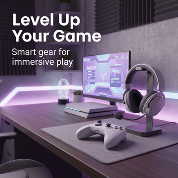 Gaming accessories banner with controller and headset