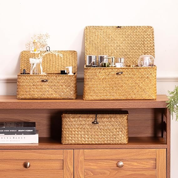 Lidded seagrass baskets for home storage and neat organization