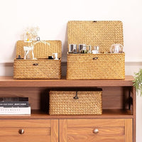Lidded seagrass baskets for home storage and neat organization