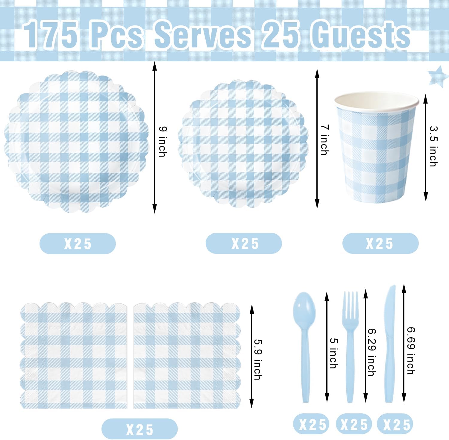  Light blue gingham paper plates set for party decorations