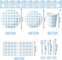  Light blue gingham paper plates set for party decorations