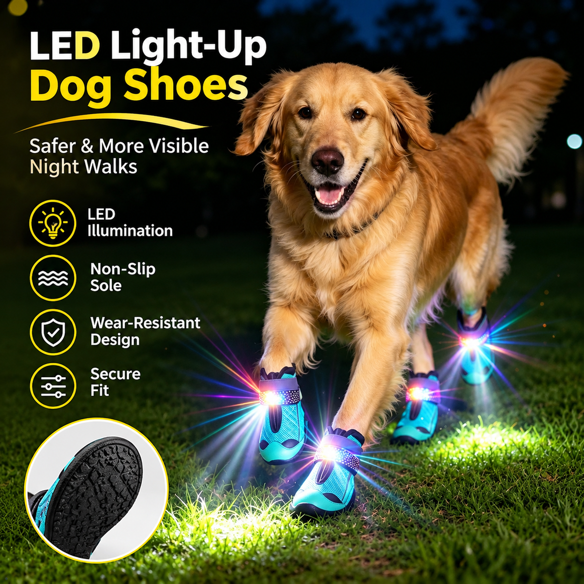 Light-up dog paw boots with secure fit for outdoor activities