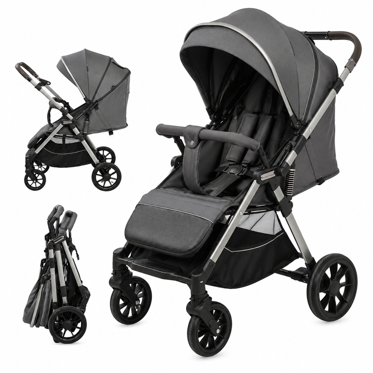 Light grey infant stroller with adjustable canopy and padded seating