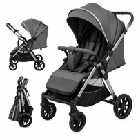 Light grey infant stroller with adjustable canopy and padded seating