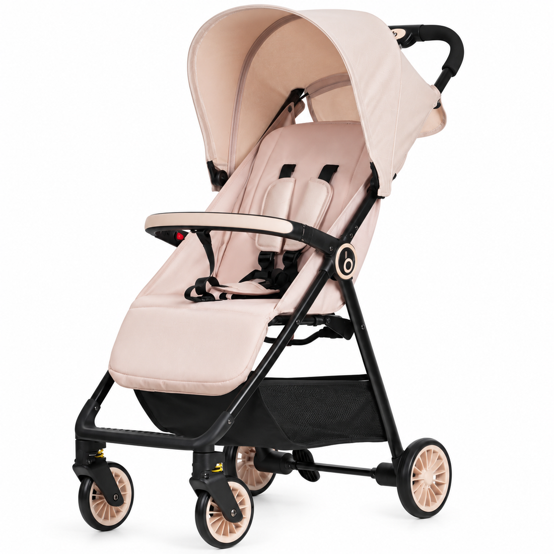 Light pink baby stroller with adjustable canopy and padded seating