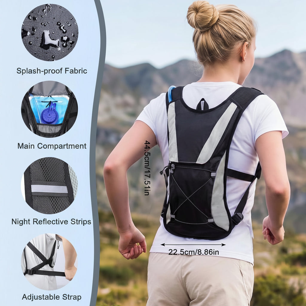 Front view of lightweight hydration backpack with adjustable straps