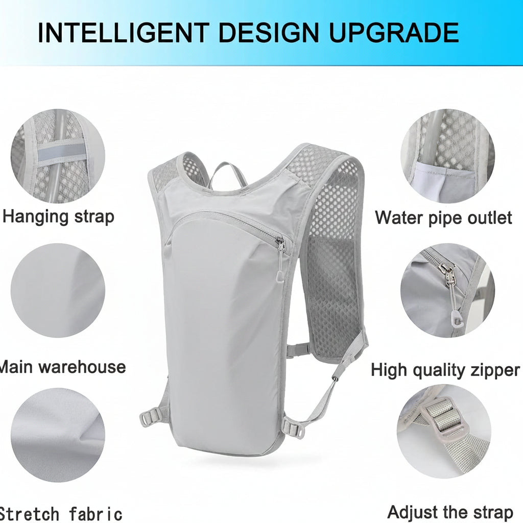Front view of lightweight hydration vest with adjustable straps