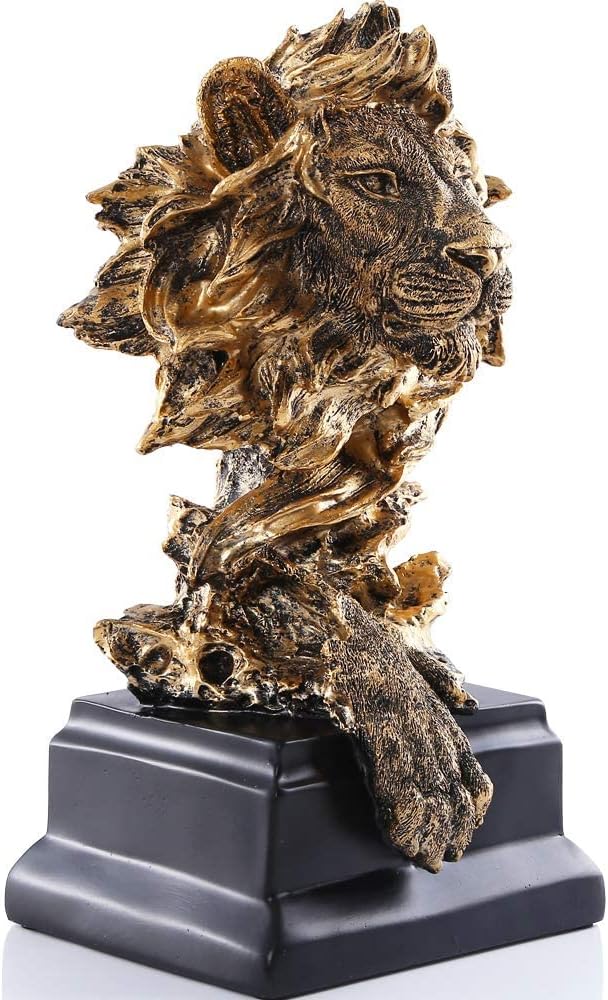 Decorative golden lion statue displayed on a living room shelf