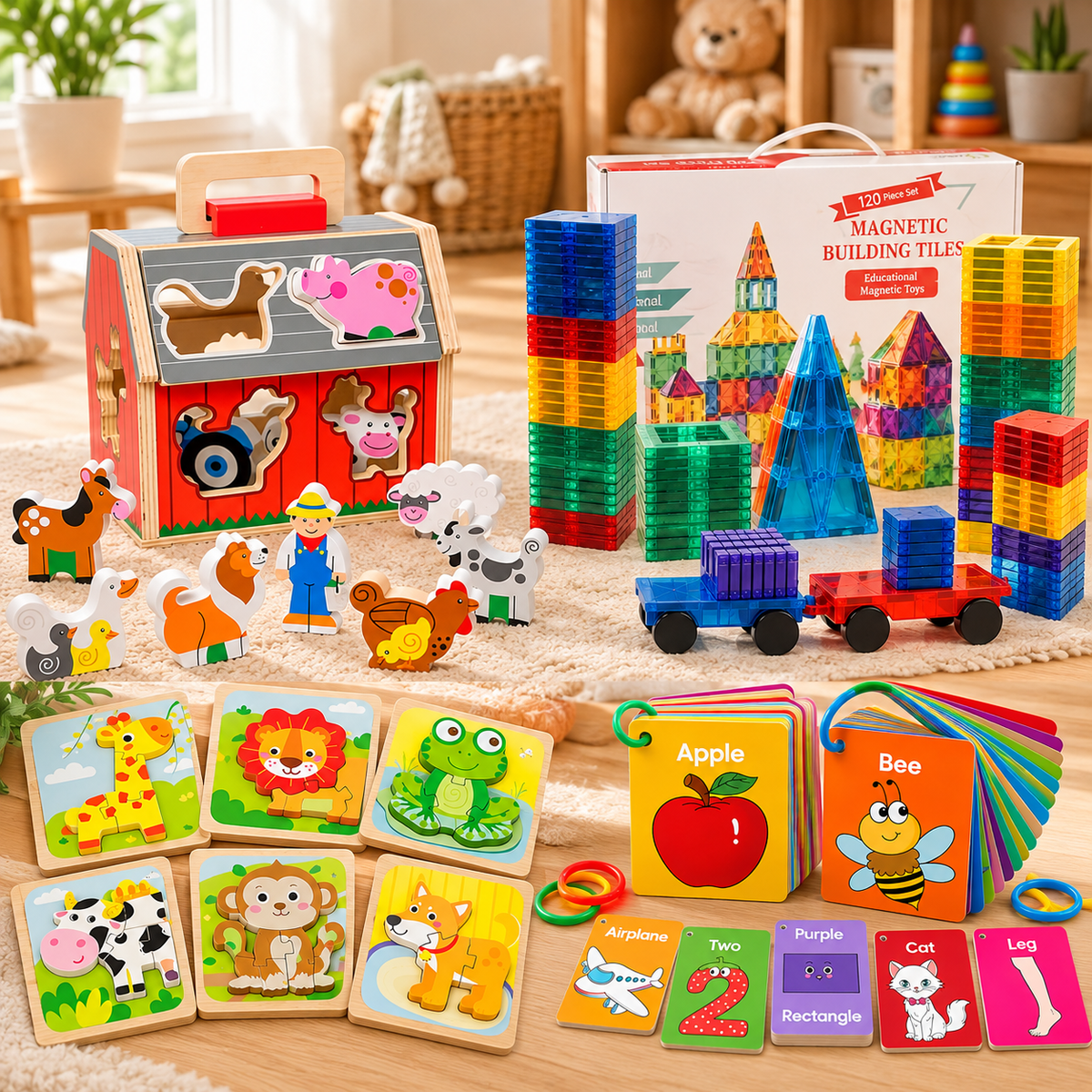 Little Learners Play Bundle with puzzles magnetic tiles farm playset and flashcards