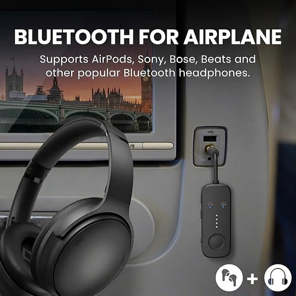 Long battery Bluetooth audio transmitter for flights and TV