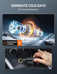 Car tyre inflator with 9.8ft long power cord reaching all tires