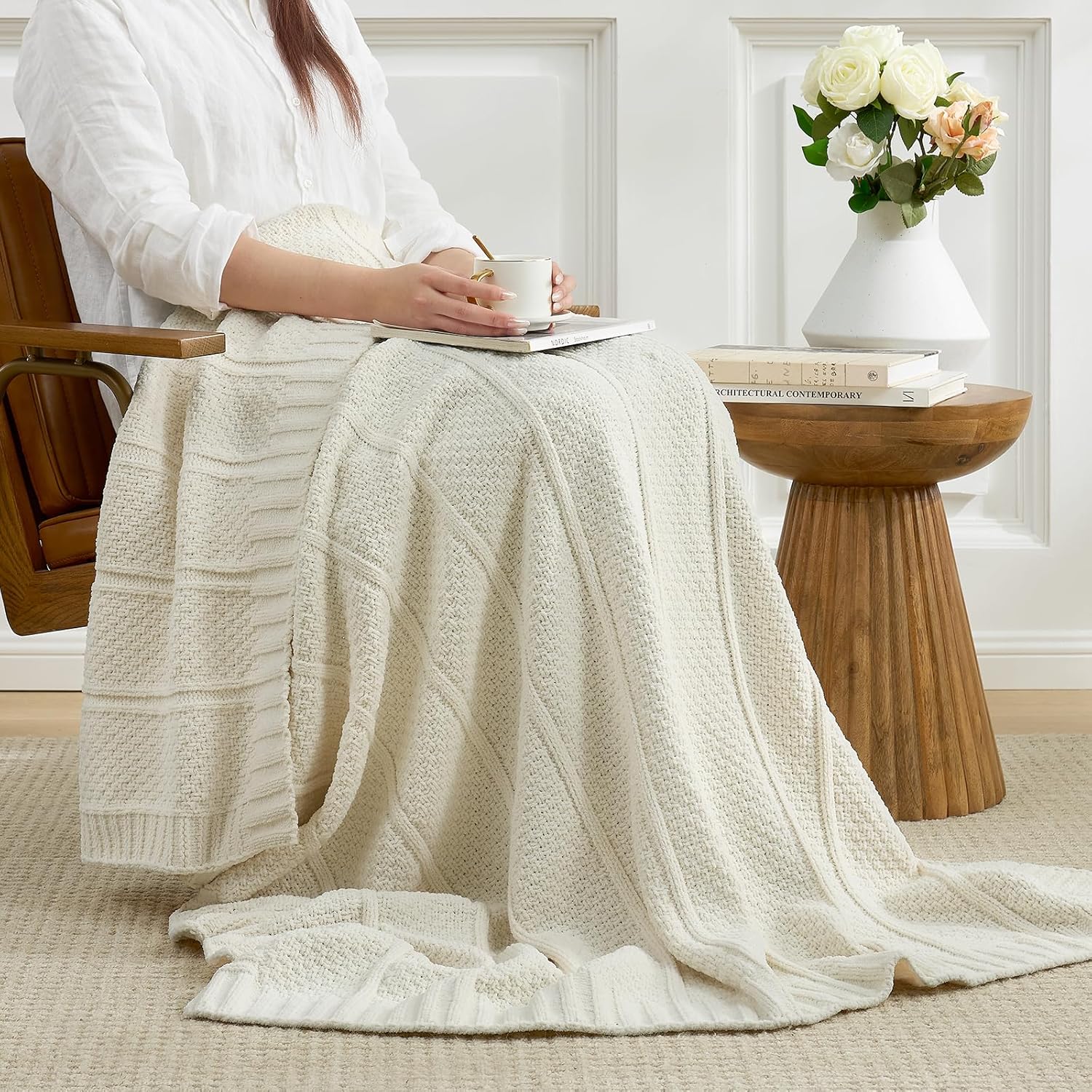 Luxury chenille sofa blanket with elegant textured finish