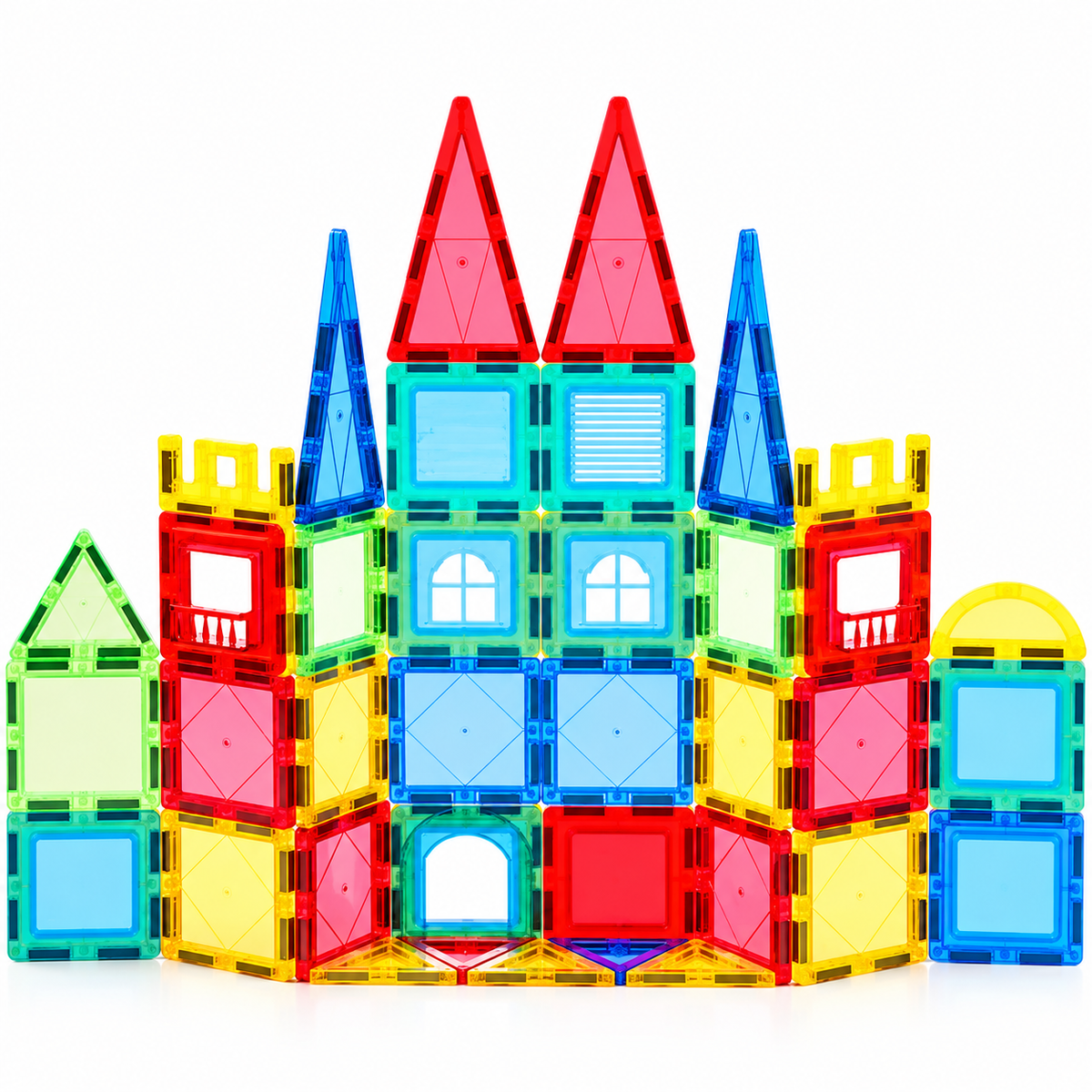 Magnetic building blocks for kids featuring colourful window-style construction pieces.