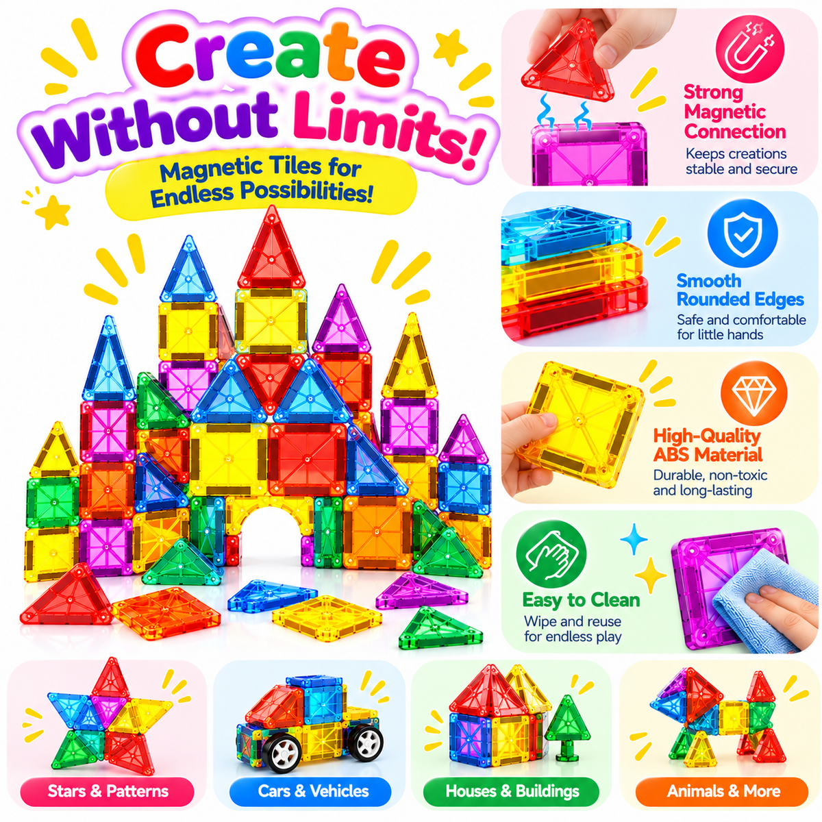 Magnetic building toys displaying their distinctive window-style design.