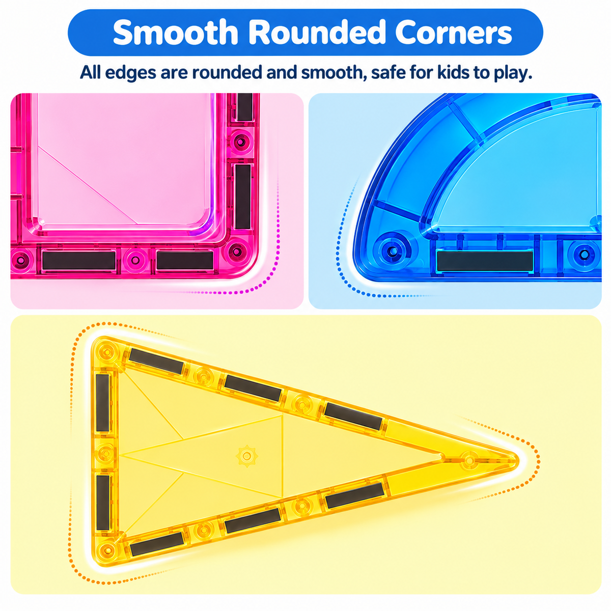 Magnetic construction puzzle blocks assembled into a building arrangement.
