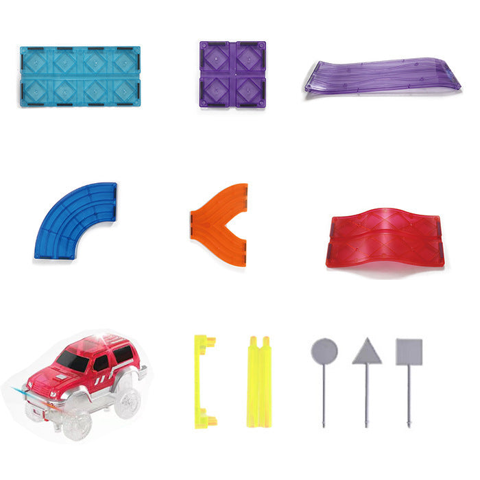 Magnetic tile racing track playset with strong magnets