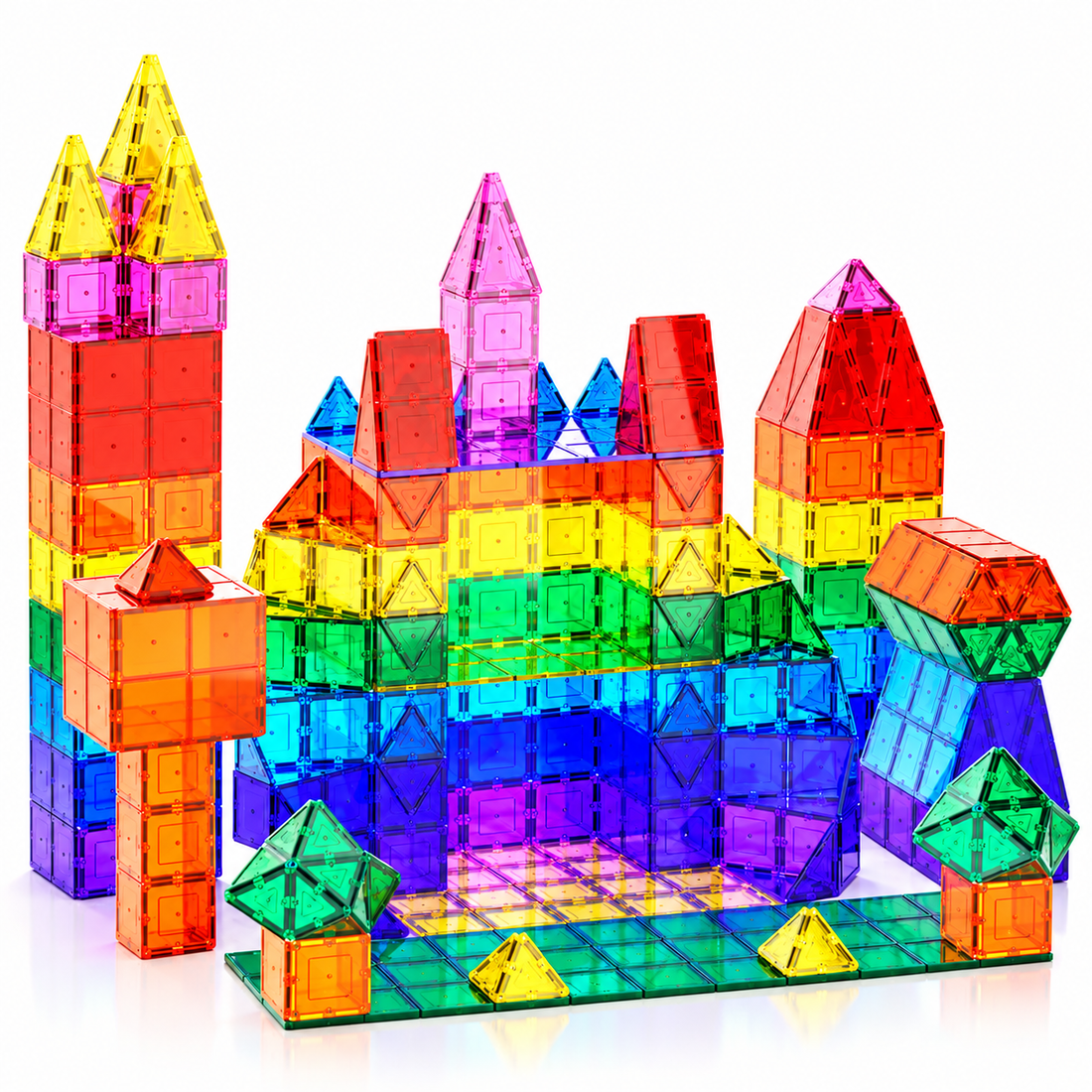 Complete 60 piece magnetic tiles building set featuring colourful transparent construction pieces.