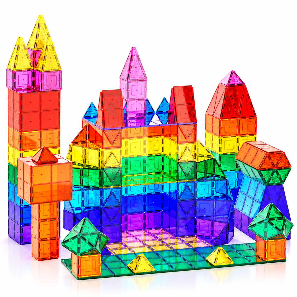 Complete 60 piece magnetic tiles building set featuring colourful transparent construction pieces.