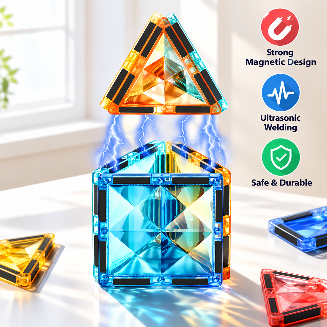 Magnetic tiles for kids with colorful window designs for building different shapes and patterns.