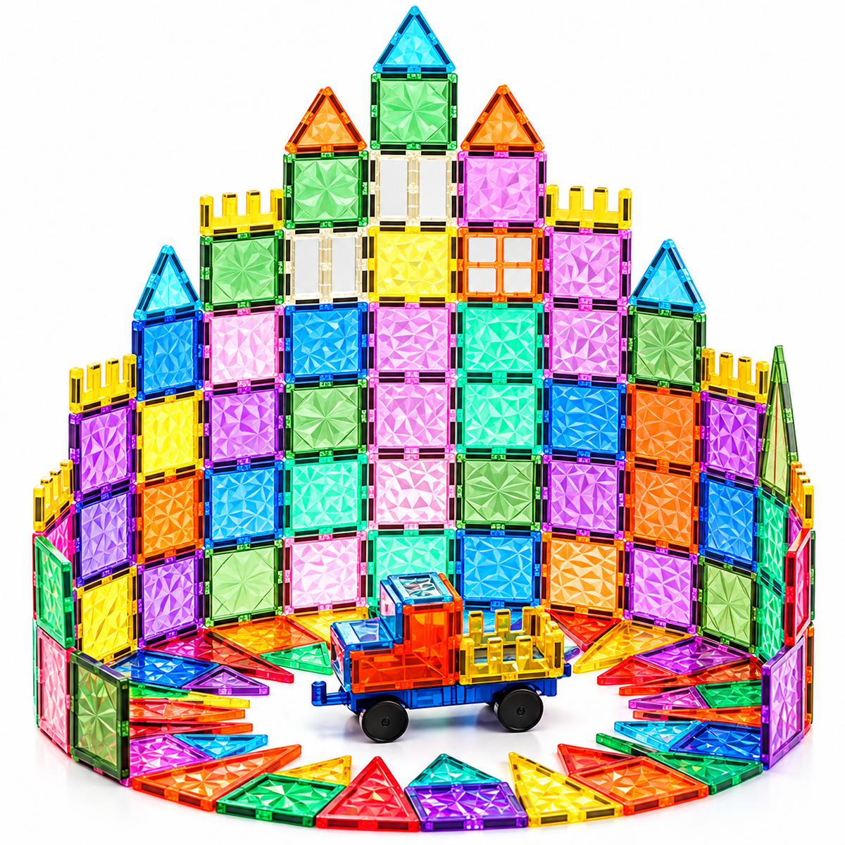 Magnetic tiles for kids featuring colourful ice crack window-style building pieces.