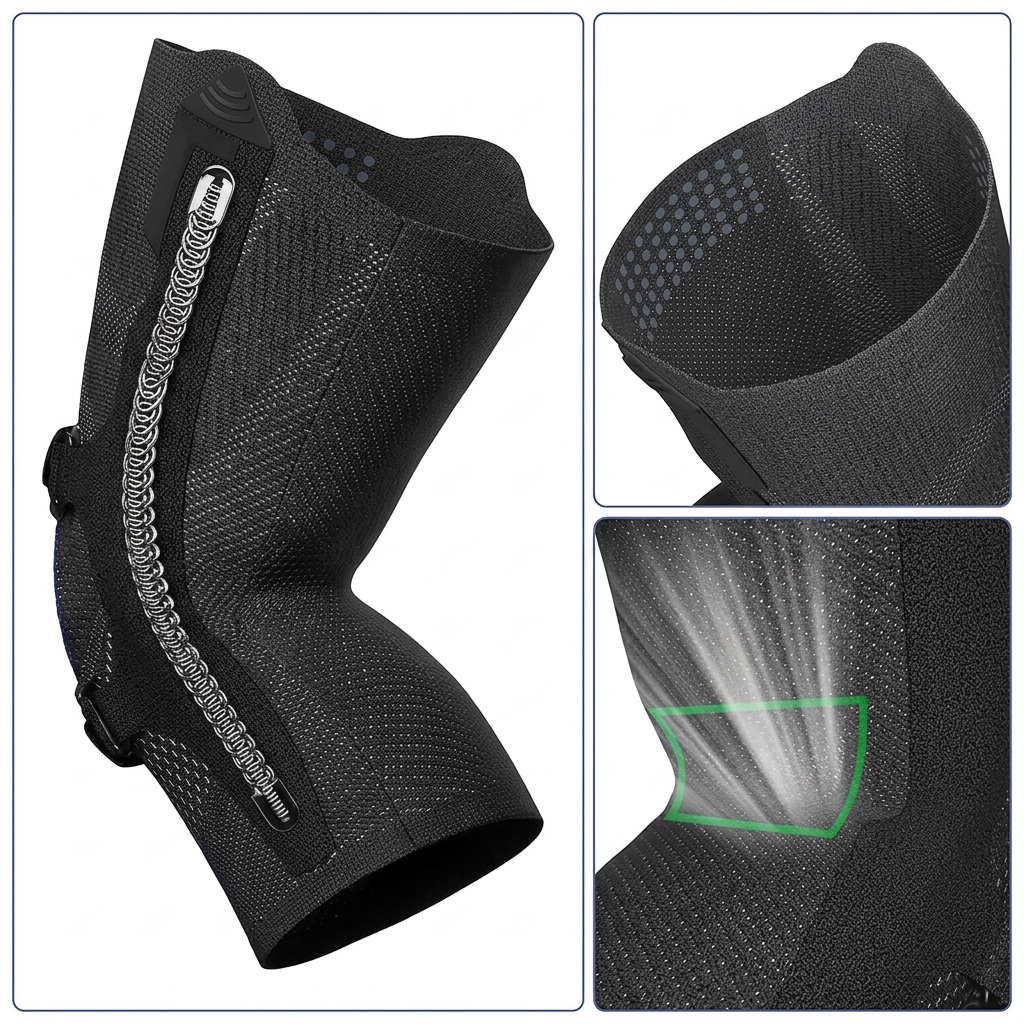 Side view of adjustable knee brace showing patella strap, gel pads, and ergonomic compression