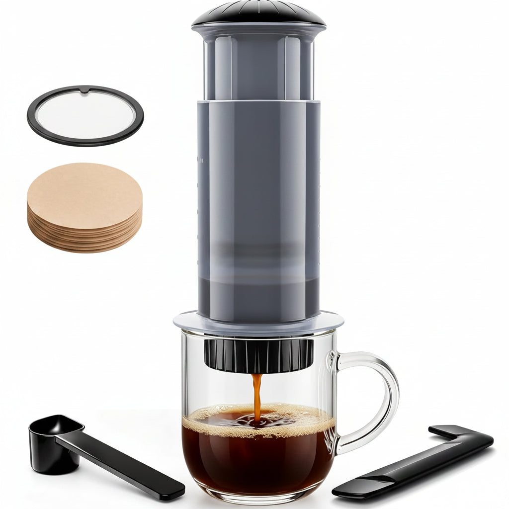Manual coffee press with dual filter for portable brewing