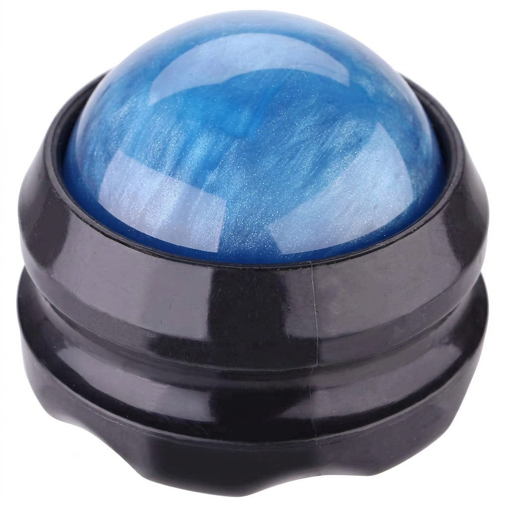 Manual massage ball back roller in blue with handheld design front view