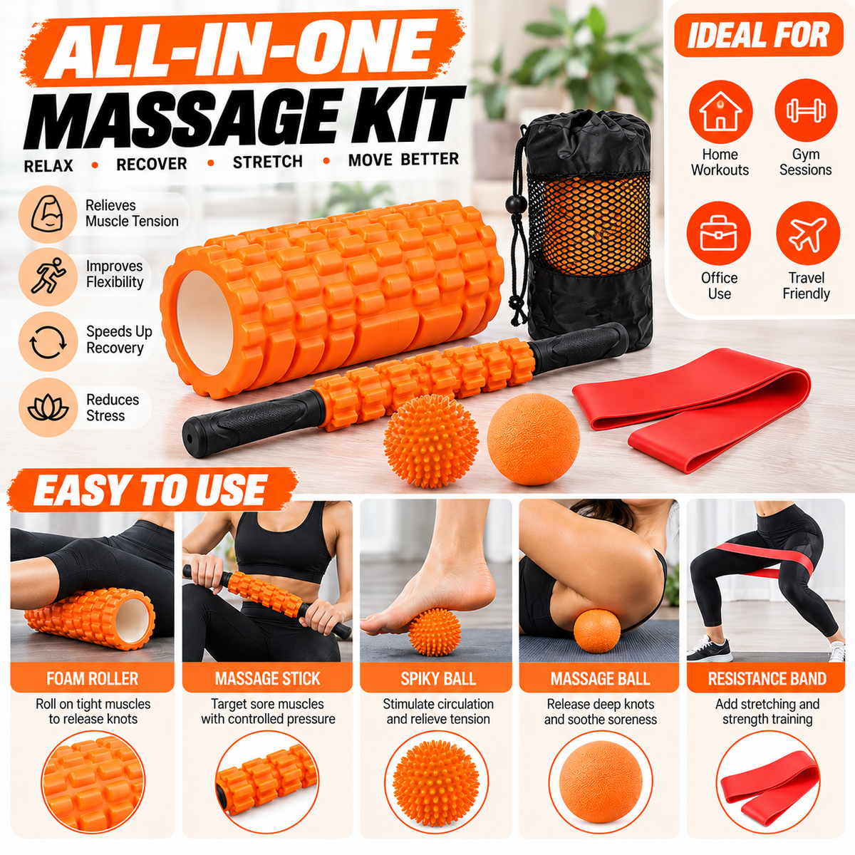 Massage ball accessory included in a home fitness and stretching kit.