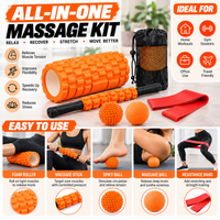 Massage ball accessory included in a home fitness and stretching kit.