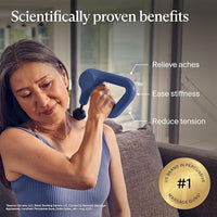 Massage gun being used on neck and back for deep tissue muscle relief