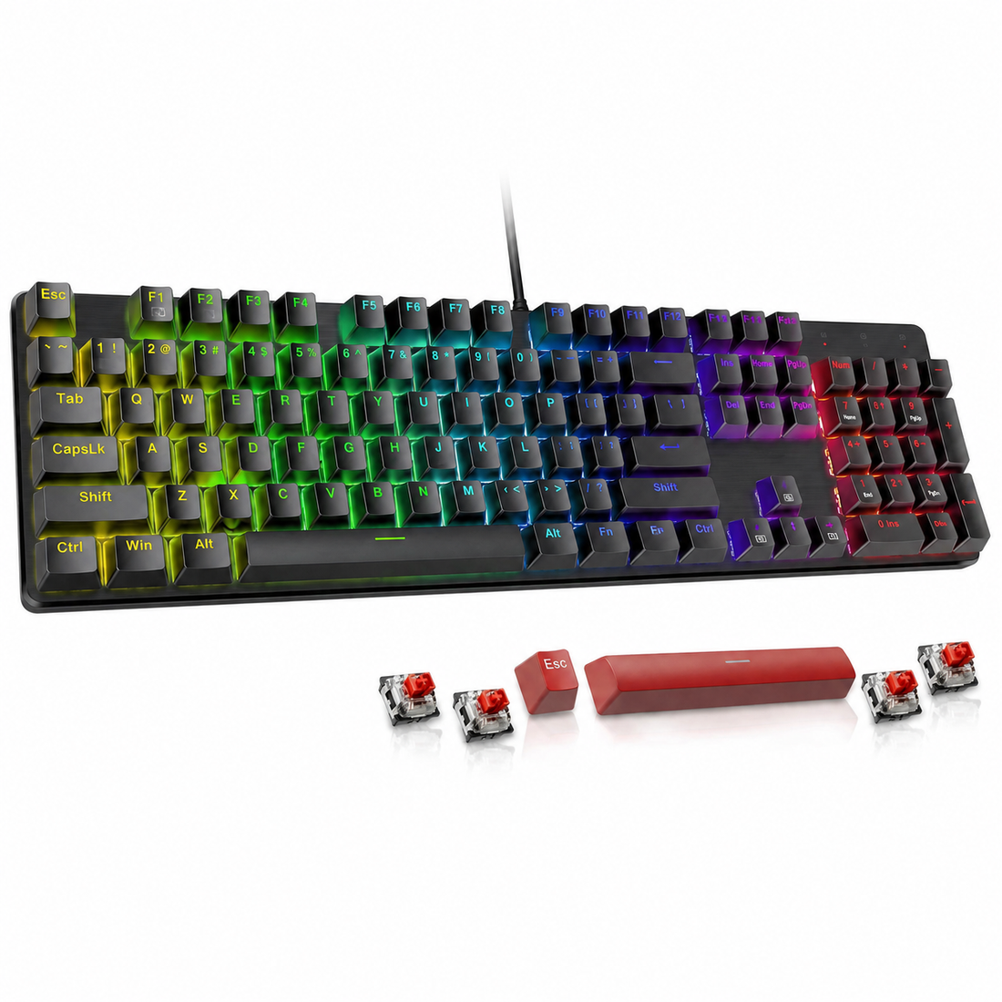 Mechanical keyboard with red switches and colorful backlight