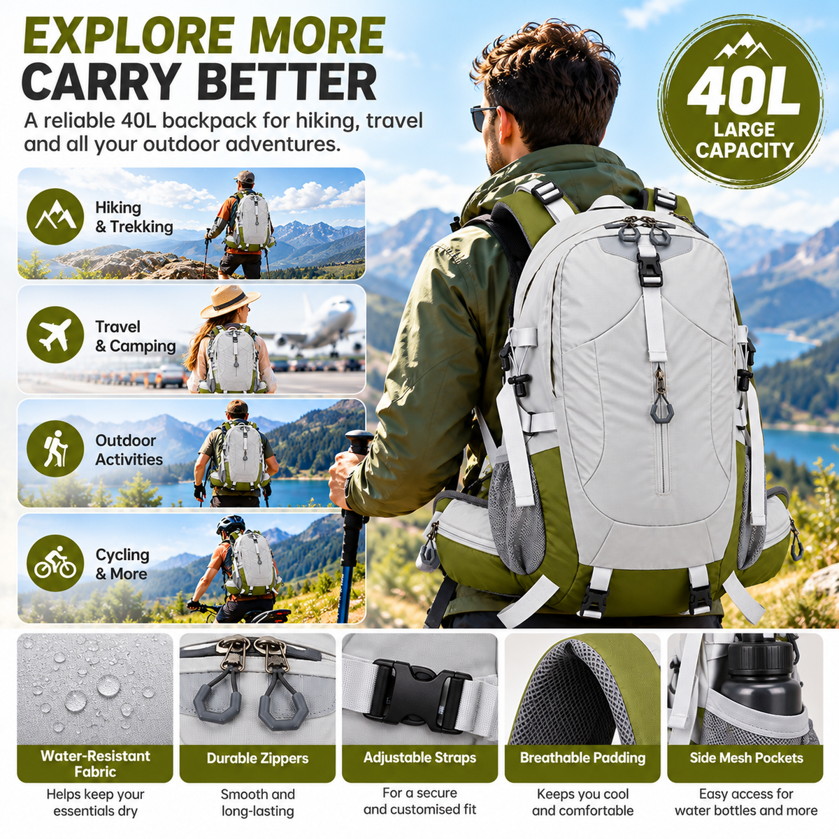 Side-angle view of a men's adventure backpack suitable for outdoor travel.