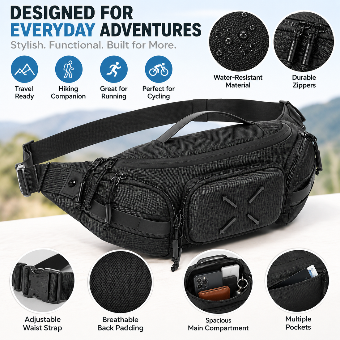 Men's crossbody waist bag with compact storage