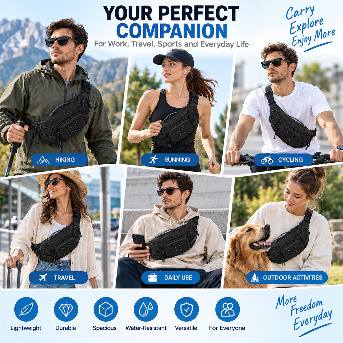 Men's outdoor crossbody bag for hands-free carrying