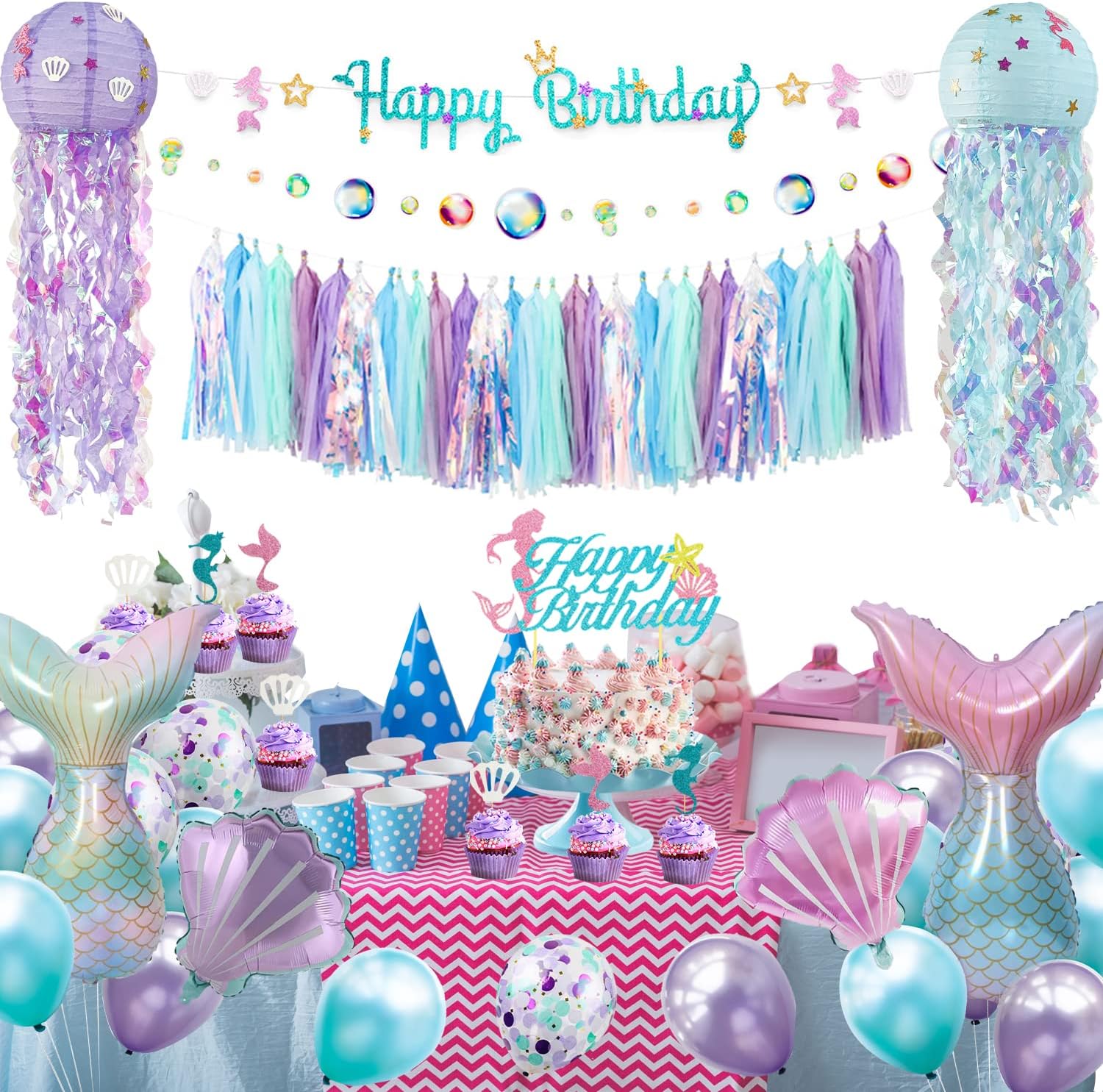  Mermaid balloons and cake topper set for birthday celebrations