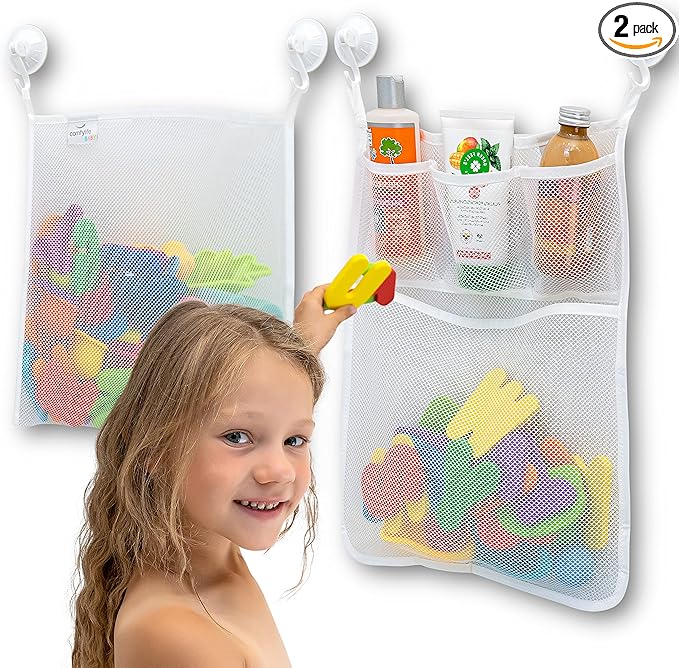 2 pack mesh bath toy organizer with 8 strong hooks for bathroom storage