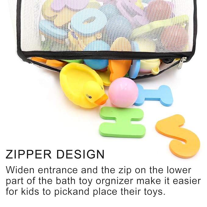 Mesh bath toy organizer hung with hooks holding kids toys