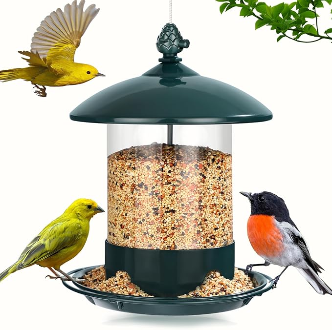 Outdoor hanging metal bird feeder with 360-degree tray