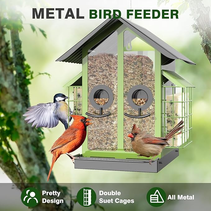 Metal bird feeder with 4 lb seed compartment, suitable for finches, bluebirds, cardinals, and small birds.
