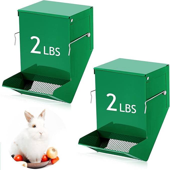 Two green metal pellet feeders with fitted lids and mesh bases