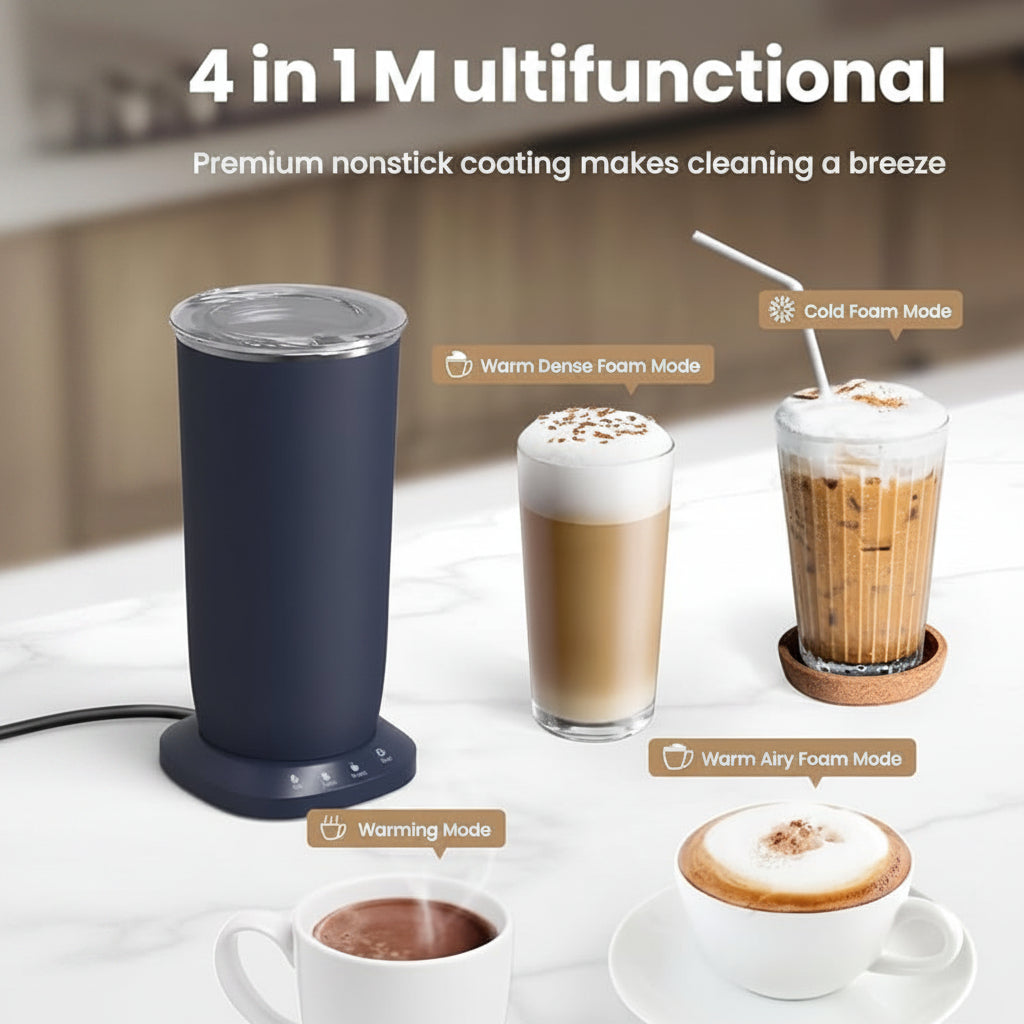 Dark blue milk frother showing the cold foam setting