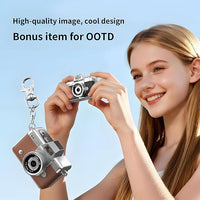 Compact mini cam with an adjustable upward-facing screen for convenient photo framing.