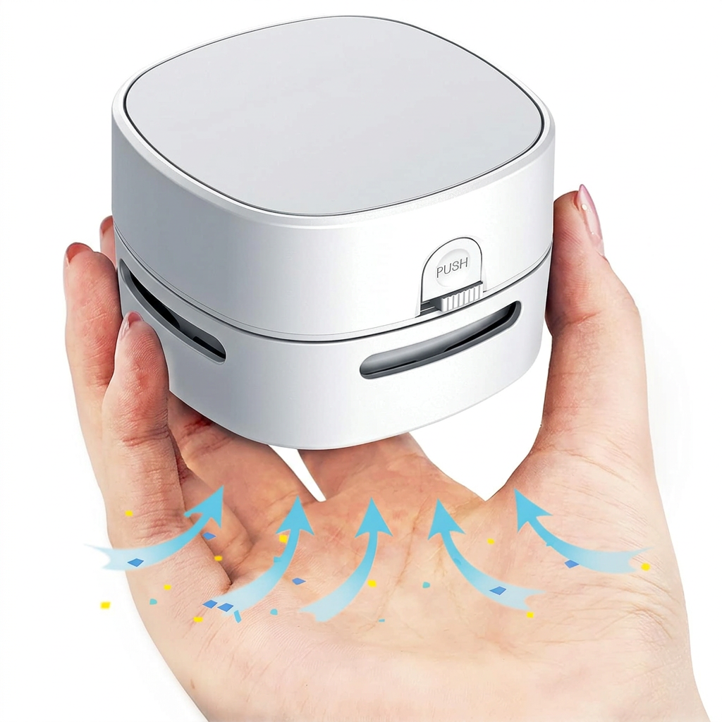 Mini Desk Vacuum Cleaner Powered by 2 AA Batteries, Ideal for Cleaning Desktops, Drawers, and Countertops, White.