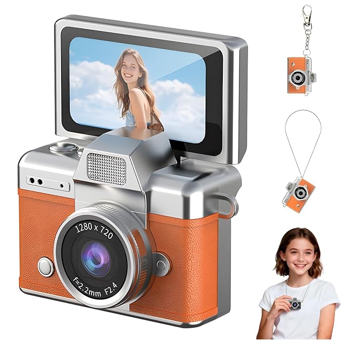 Silver and brown mini digital camera with a flip-up display and compact retro-style body on a white background.